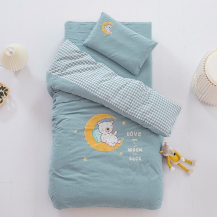 91家纺网 家纺一手货源 找家纺 A类全棉水洗棉儿童套件幼儿园被子三件套宝宝午睡六件套月亮小熊