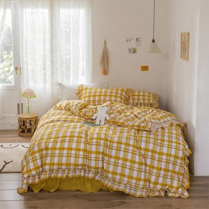 91家纺网 家纺一手货源 找家纺 阿曼达2023新款韩式ins复古格子花边款四件套花边款芒果格