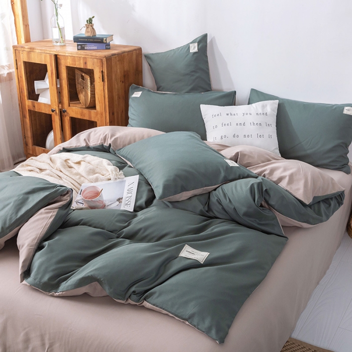 91家纺网 家纺一手货源 找家纺 米粒 2020新款纯色磨毛四件套 果绿+卡其