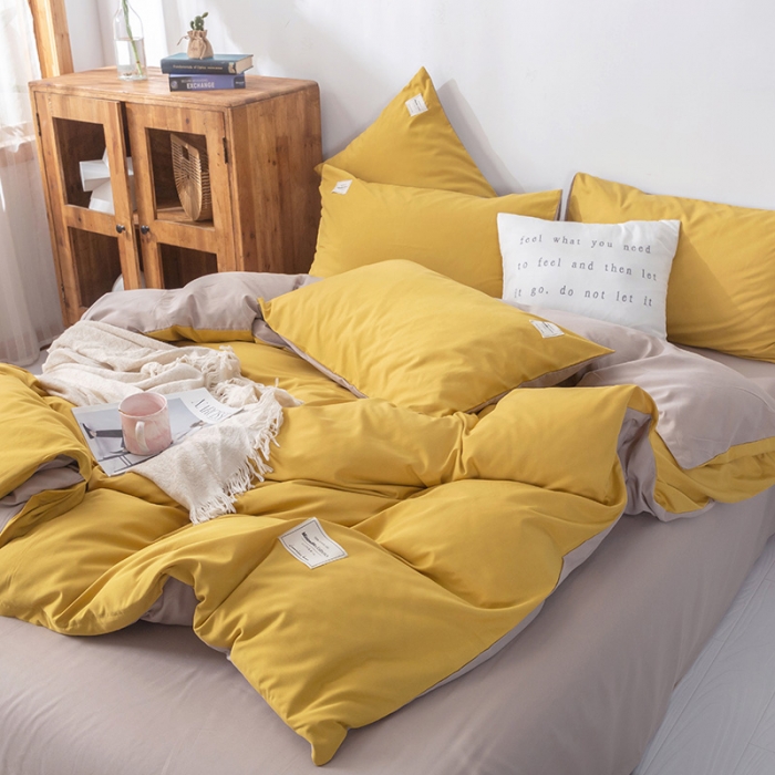 91家纺网 家纺一手货源 找家纺 米粒 2020新款纯色磨毛四件套 姜黄+卡其