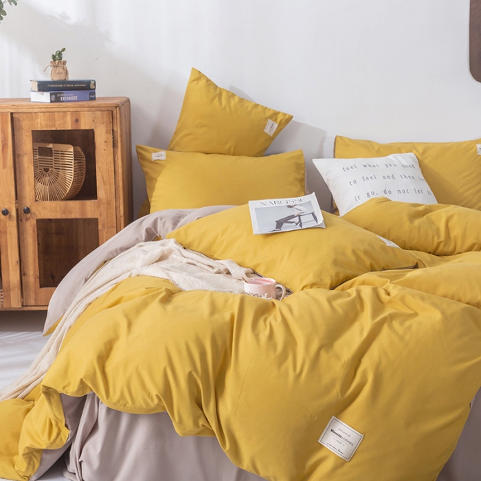 91家纺网 家纺一手货源 找家纺 米粒 2020新款纯色磨毛四件套 姜黄+卡其