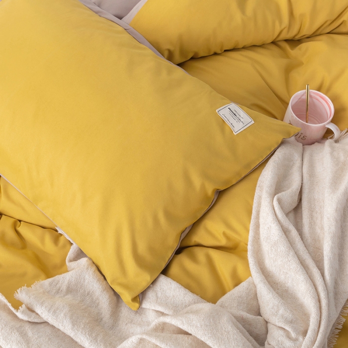 91家纺网 家纺一手货源 找家纺 米粒 2020新款纯色磨毛四件套 姜黄+卡其