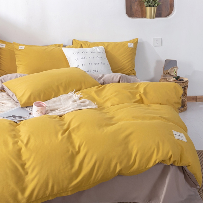 91家纺网 家纺一手货源 找家纺 米粒 2020新款纯色磨毛四件套 姜黄+卡其