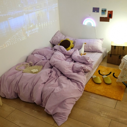 （总）桃子家居 2020新款ins纯棉撞色马卡龙色织水洗棉四件套