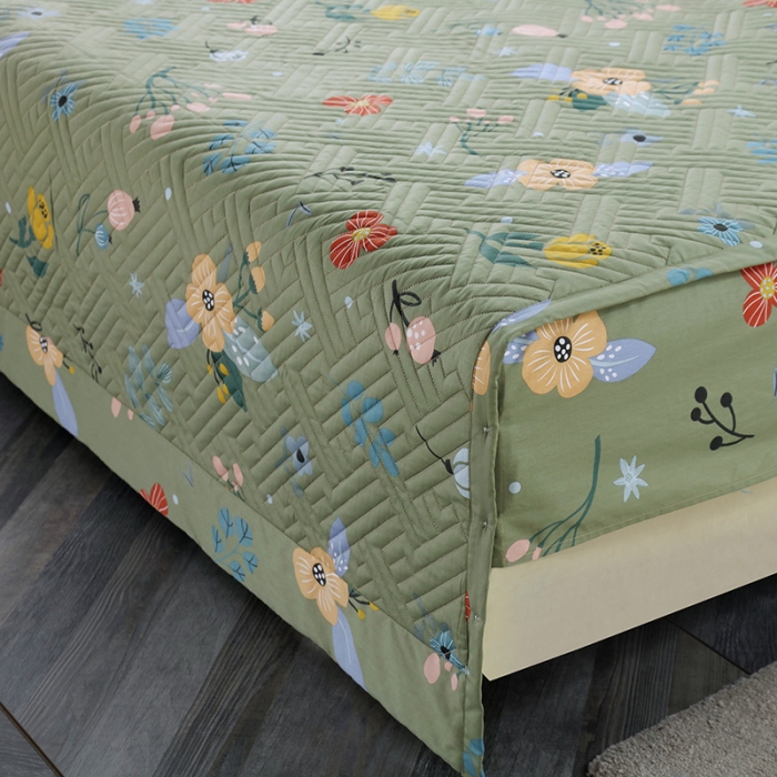 91家纺网 家纺一手货源 找家纺 OL 2021新款13372全棉夹棉活性印染单品床盖 花蕾-绿