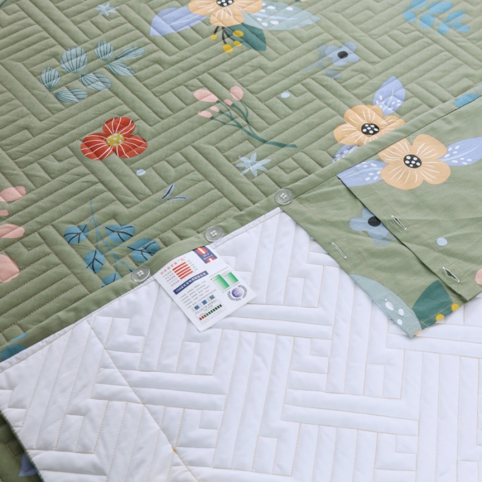 91家纺网 家纺一手货源 找家纺 OL 2021新款13372全棉夹棉活性印染单品床盖 花蕾-绿