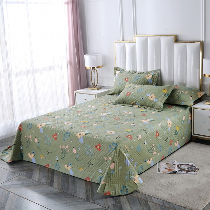 91家纺网 家纺一手货源 找家纺 OL 2021新款13372全棉夹棉活性印染单品床盖 花蕾-绿