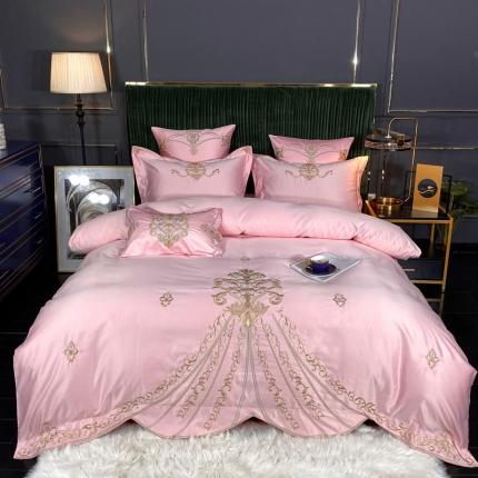 91家纺网 家纺一手货源 找家纺 宅家居60支贡缎真臻品丝B版纯棉刺绣卡瑞娜系列四件套 花瓣粉