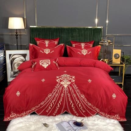 91家纺网 家纺一手货源 找家纺 宅家居60支贡缎真臻品丝B版纯棉刺绣卡瑞娜系列四件套 玫瑰红