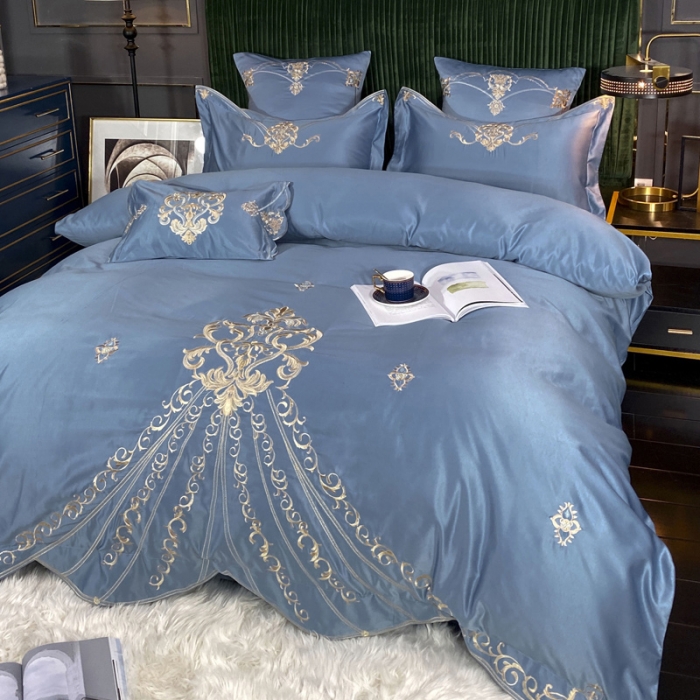 91家纺网 家纺一手货源 找家纺 宅家居60支贡缎真臻品丝B版纯棉刺绣卡瑞娜系列四件套 宾利蓝