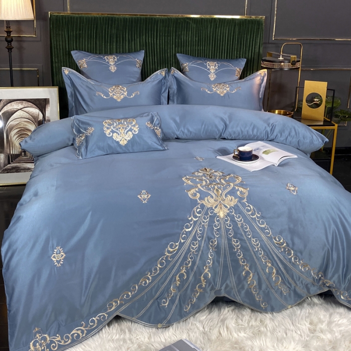 91家纺网 家纺一手货源 找家纺 宅家居60支贡缎真臻品丝B版纯棉刺绣卡瑞娜系列四件套 宾利蓝