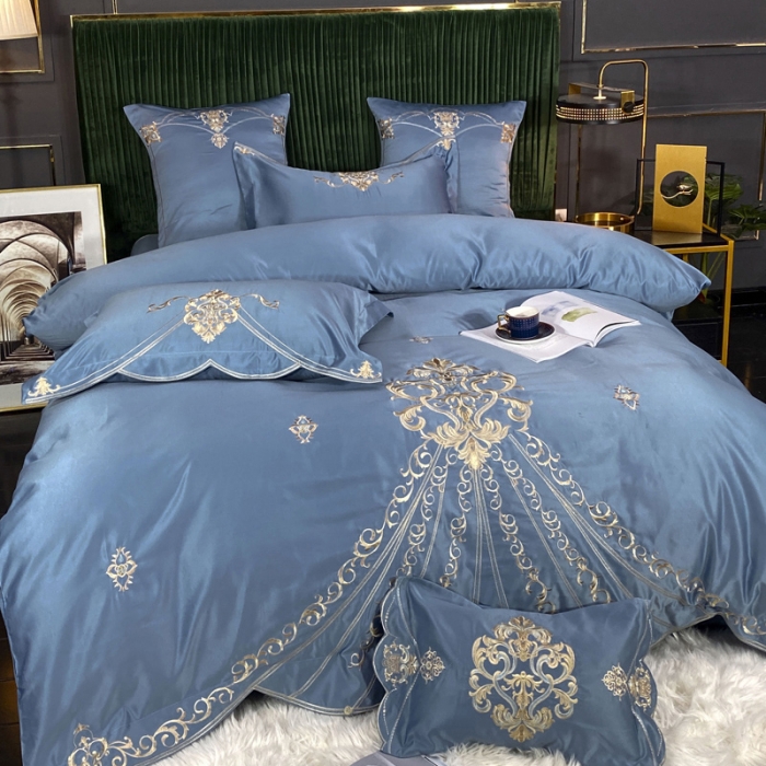 91家纺网 家纺一手货源 找家纺 宅家居60支贡缎真臻品丝B版纯棉刺绣卡瑞娜系列四件套 宾利蓝