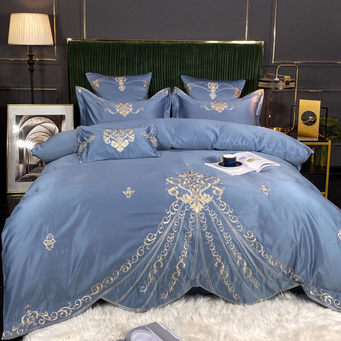 91家纺网 家纺一手货源 找家纺 宅家居60支贡缎真臻品丝B版纯棉刺绣卡瑞娜系列四件套 宾利蓝