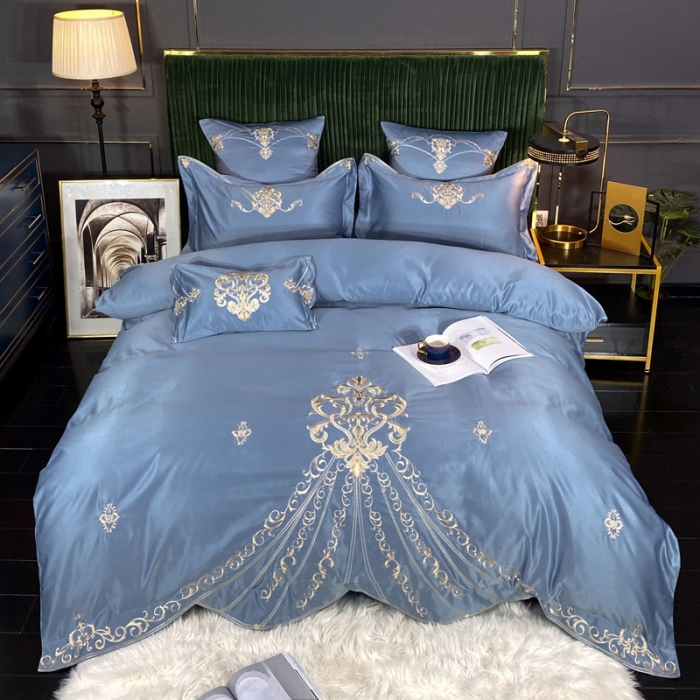 91家纺网 家纺一手货源 找家纺 宅家居60支贡缎真臻品丝B版纯棉刺绣卡瑞娜系列四件套 宾利蓝