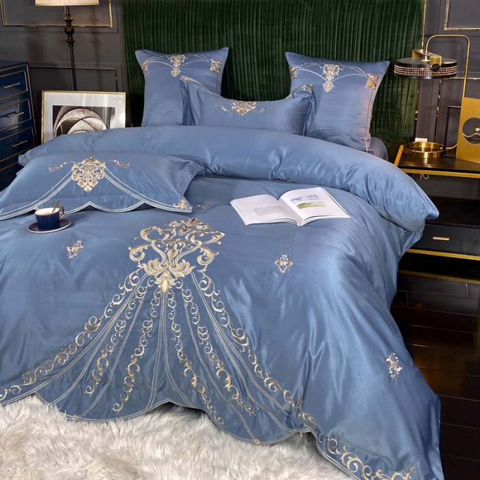 91家纺网 家纺一手货源 找家纺 宅家居60支贡缎真臻品丝B版纯棉刺绣卡瑞娜系列四件套 宾利蓝