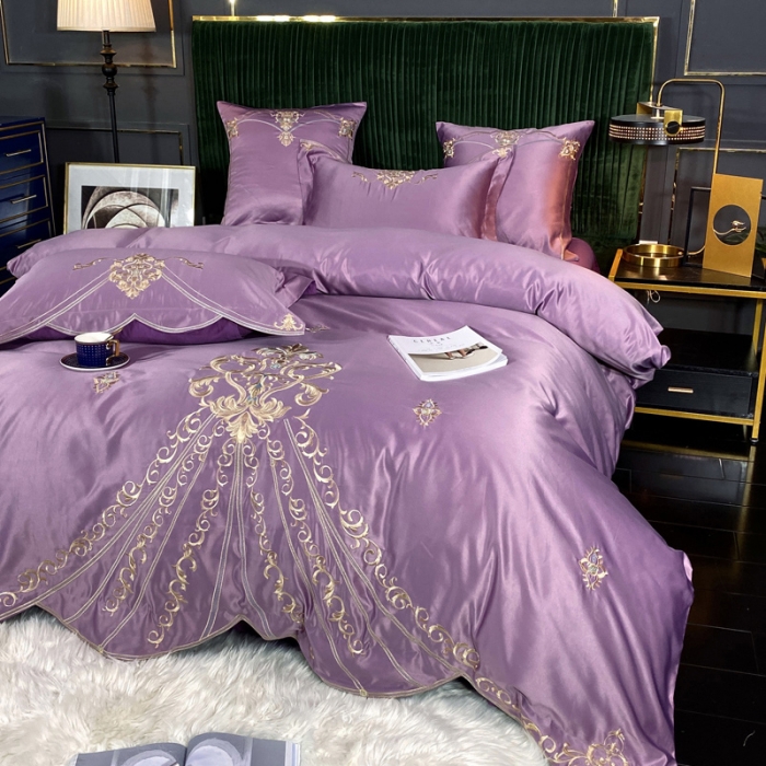 91家纺网 家纺一手货源 找家纺 宅家居60支贡缎真臻品丝B版纯棉刺绣卡瑞娜系列四件套 豆沙紫