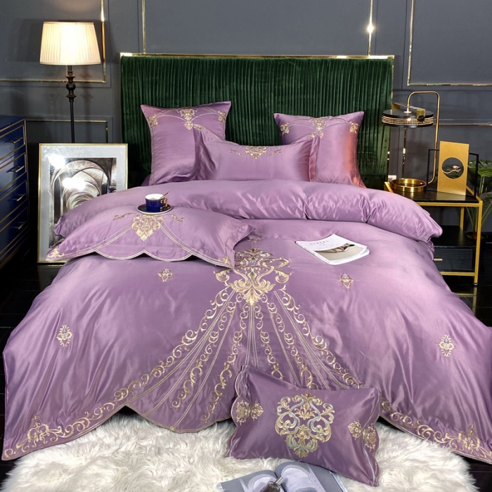 91家纺网 家纺一手货源 找家纺 宅家居60支贡缎真臻品丝B版纯棉刺绣卡瑞娜系列四件套 豆沙紫