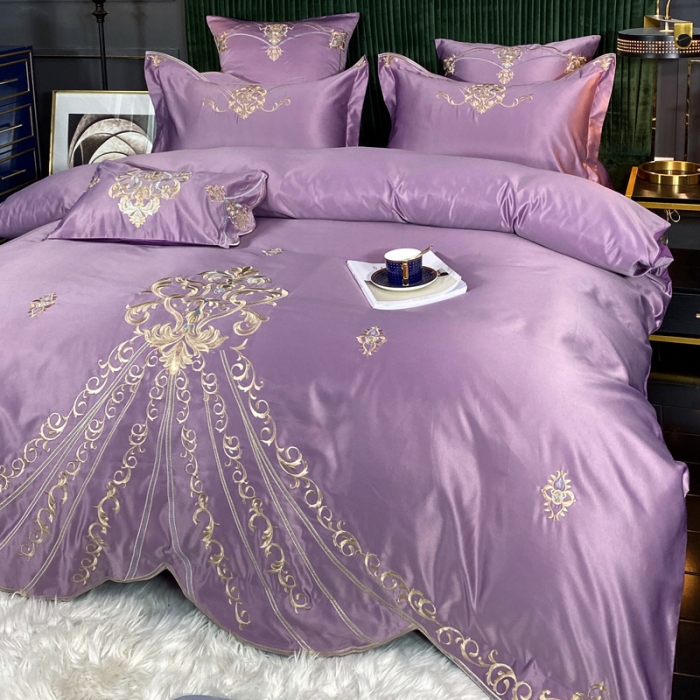 91家纺网 家纺一手货源 找家纺 宅家居60支贡缎真臻品丝B版纯棉刺绣卡瑞娜系列四件套 豆沙紫