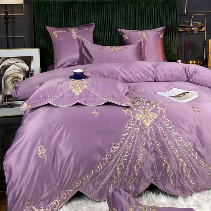 91家纺网 家纺一手货源 找家纺 宅家居60支贡缎真臻品丝B版纯棉刺绣卡瑞娜系列四件套 豆沙紫