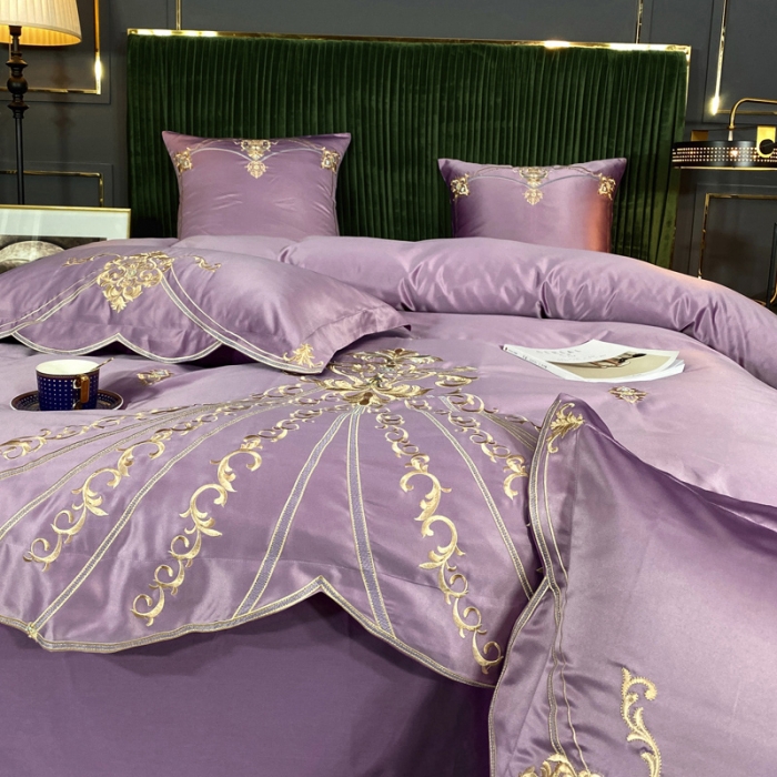 91家纺网 家纺一手货源 找家纺 宅家居60支贡缎真臻品丝B版纯棉刺绣卡瑞娜系列四件套 豆沙紫