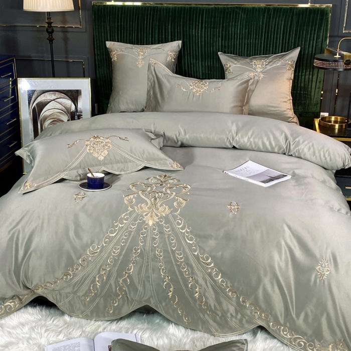 91家纺网 家纺一手货源 找家纺 宅家居60支贡缎真臻品丝B版纯棉刺绣卡瑞娜系列四件套 贵族灰