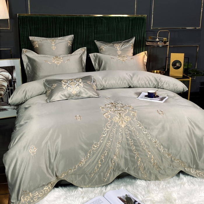 91家纺网 家纺一手货源 找家纺 宅家居60支贡缎真臻品丝B版纯棉刺绣卡瑞娜系列四件套 贵族灰