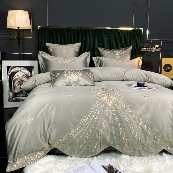 91家纺网 家纺一手货源 找家纺 宅家居60支贡缎真臻品丝B版纯棉刺绣卡瑞娜系列四件套 贵族灰