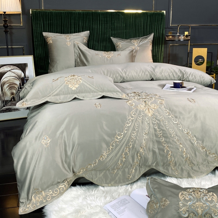 91家纺网 家纺一手货源 找家纺 宅家居60支贡缎真臻品丝B版纯棉刺绣卡瑞娜系列四件套 贵族灰