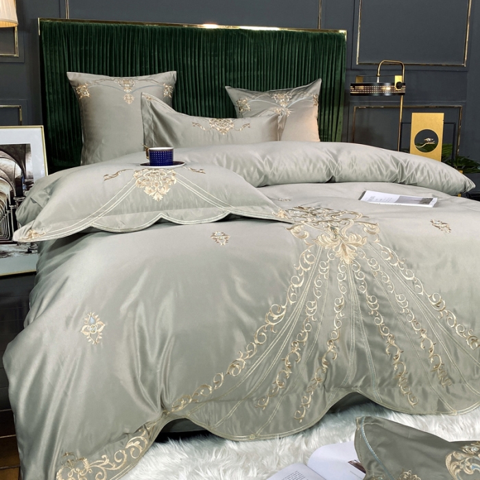 91家纺网 家纺一手货源 找家纺 宅家居60支贡缎真臻品丝B版纯棉刺绣卡瑞娜系列四件套 贵族灰