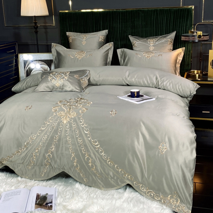 91家纺网 家纺一手货源 找家纺 宅家居60支贡缎真臻品丝B版纯棉刺绣卡瑞娜系列四件套 贵族灰