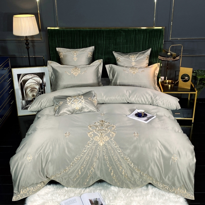 91家纺网 家纺一手货源 找家纺 宅家居60支贡缎真臻品丝B版纯棉刺绣卡瑞娜系列四件套 贵族灰