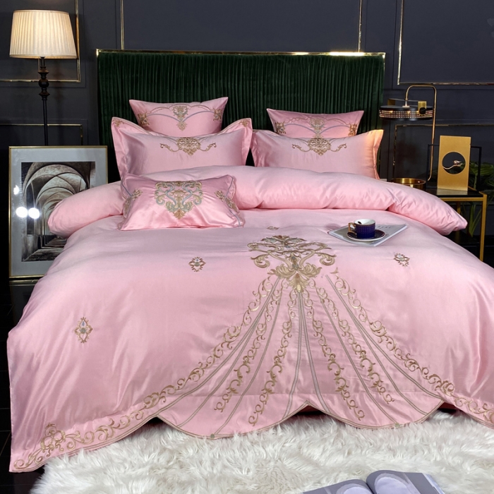 91家纺网 家纺一手货源 找家纺 宅家居60支贡缎真臻品丝B版纯棉刺绣卡瑞娜系列四件套 花瓣粉