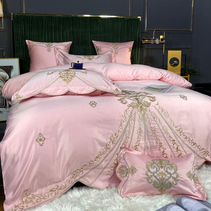 91家纺网 家纺一手货源 找家纺 宅家居60支贡缎真臻品丝B版纯棉刺绣卡瑞娜系列四件套 花瓣粉