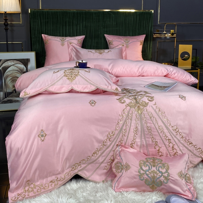 91家纺网 家纺一手货源 找家纺 宅家居60支贡缎真臻品丝B版纯棉刺绣卡瑞娜系列四件套 花瓣粉