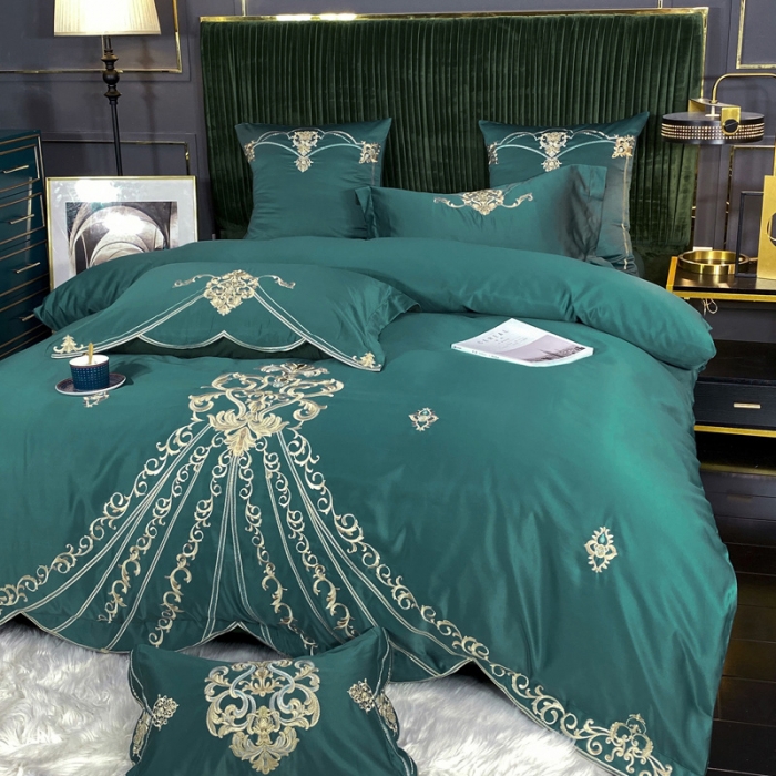 91家纺网 家纺一手货源 找家纺 宅家居60支贡缎真臻品丝B版纯棉刺绣卡瑞娜系列四件套 孔雀绿