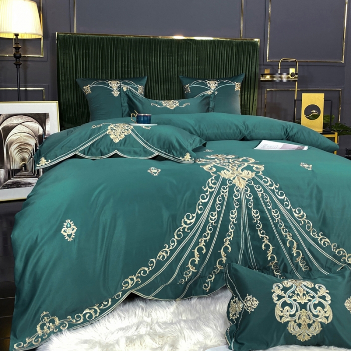 91家纺网 家纺一手货源 找家纺 宅家居60支贡缎真臻品丝B版纯棉刺绣卡瑞娜系列四件套 孔雀绿