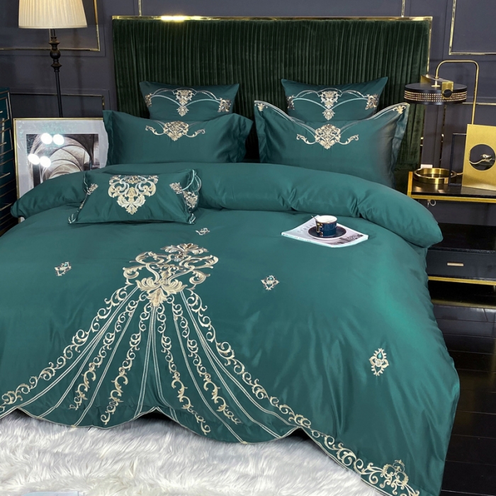 91家纺网 家纺一手货源 找家纺 宅家居60支贡缎真臻品丝B版纯棉刺绣卡瑞娜系列四件套 孔雀绿
