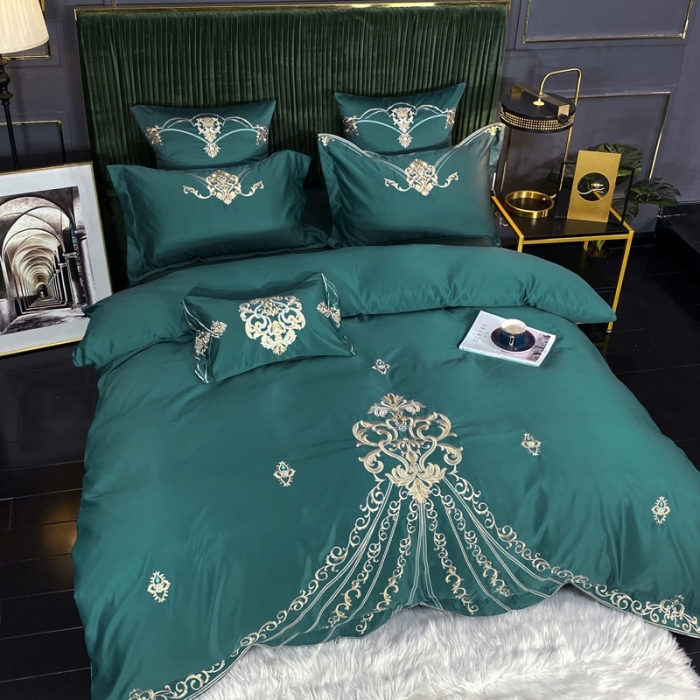91家纺网 家纺一手货源 找家纺 宅家居60支贡缎真臻品丝B版纯棉刺绣卡瑞娜系列四件套 孔雀绿