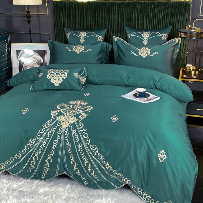 91家纺网 家纺一手货源 找家纺 宅家居60支贡缎真臻品丝B版纯棉刺绣卡瑞娜系列四件套 孔雀绿