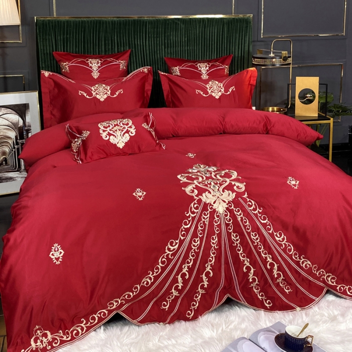 91家纺网 家纺一手货源 找家纺 宅家居60支贡缎真臻品丝B版纯棉刺绣卡瑞娜系列四件套 玫瑰红