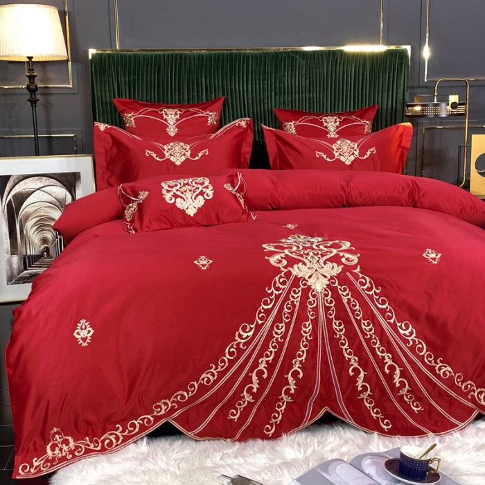 91家纺网 家纺一手货源 找家纺 宅家居60支贡缎真臻品丝B版纯棉刺绣卡瑞娜系列四件套 玫瑰红