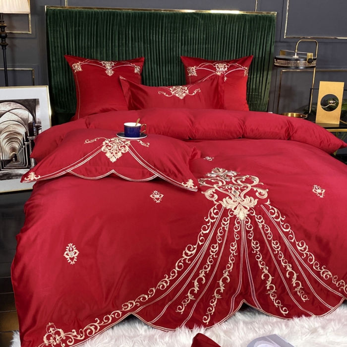 91家纺网 家纺一手货源 找家纺 宅家居60支贡缎真臻品丝B版纯棉刺绣卡瑞娜系列四件套 玫瑰红
