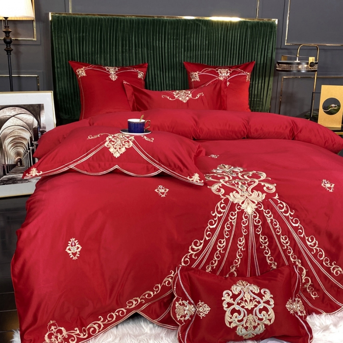 91家纺网 家纺一手货源 找家纺 宅家居60支贡缎真臻品丝B版纯棉刺绣卡瑞娜系列四件套 玫瑰红