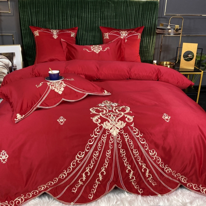 91家纺网 家纺一手货源 找家纺 宅家居60支贡缎真臻品丝B版纯棉刺绣卡瑞娜系列四件套 玫瑰红