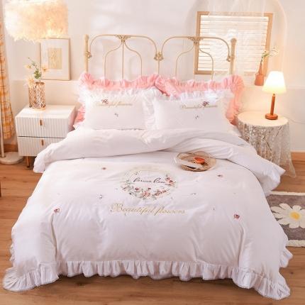 91家纺网 家纺一手货源 找家纺 迪欧芙 2020新款全棉花蔓系列床裙款四件套韩版四件套 白色