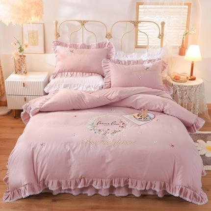 91家纺网 家纺一手货源 找家纺 迪欧芙 2020新款全棉花蔓系列床裙款四件套韩版四件套 豆沙