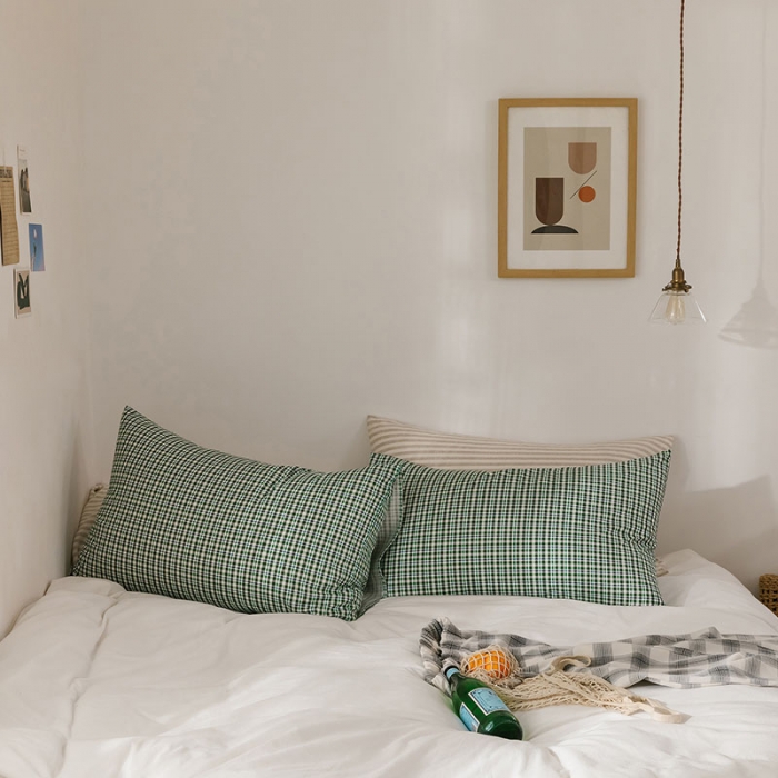 91家纺网 家纺一手货源 找家纺 艾沁 2020新款13372全棉枕套48*74cm 绿条格