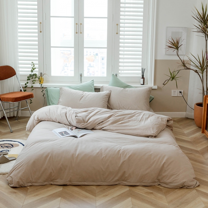 91家纺网 家纺一手货源 找家纺 华超针织 2021新款针织纯色四件套（纯色1）杏色