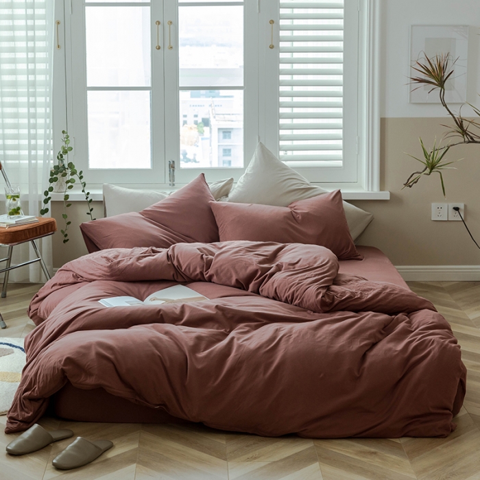 91家纺网 家纺一手货源 找家纺 华超针织 2021新款针织纯色四件套（纯色1）砖红