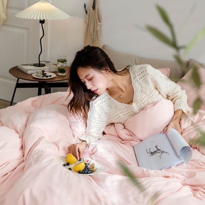 91家纺网 家纺一手货源 找家纺 华超针织 2021新款针织纯色四件套（纯色2） 嫩粉